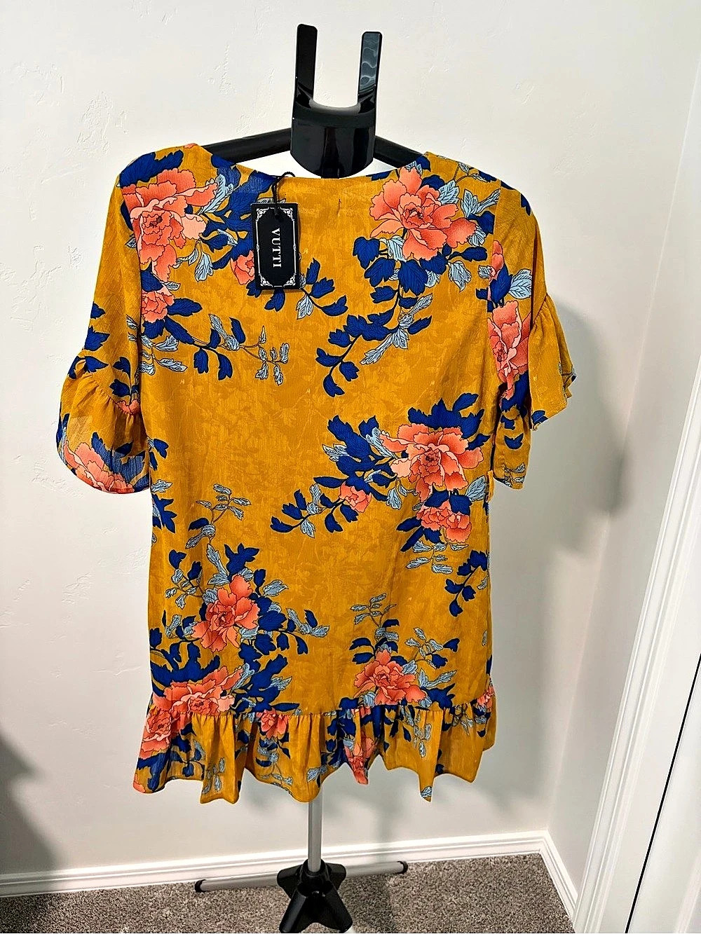 VUTTI Floral Ruffle Mini Dress in Yellow & Blue NWT size medium